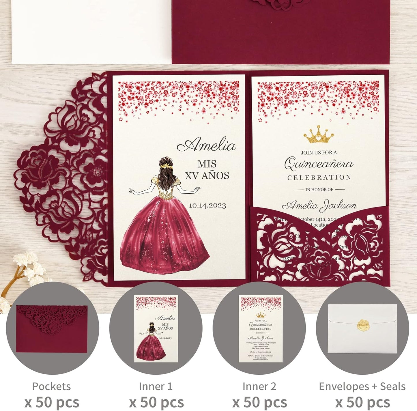 DORIS HOME 50pcs Laser Cut Quinceanera Invitations Burgundy, 4.7x7.1 Personalized Quince Invitations for 15th Birthday, Invitation cards for Sweet 16 with Envelopes