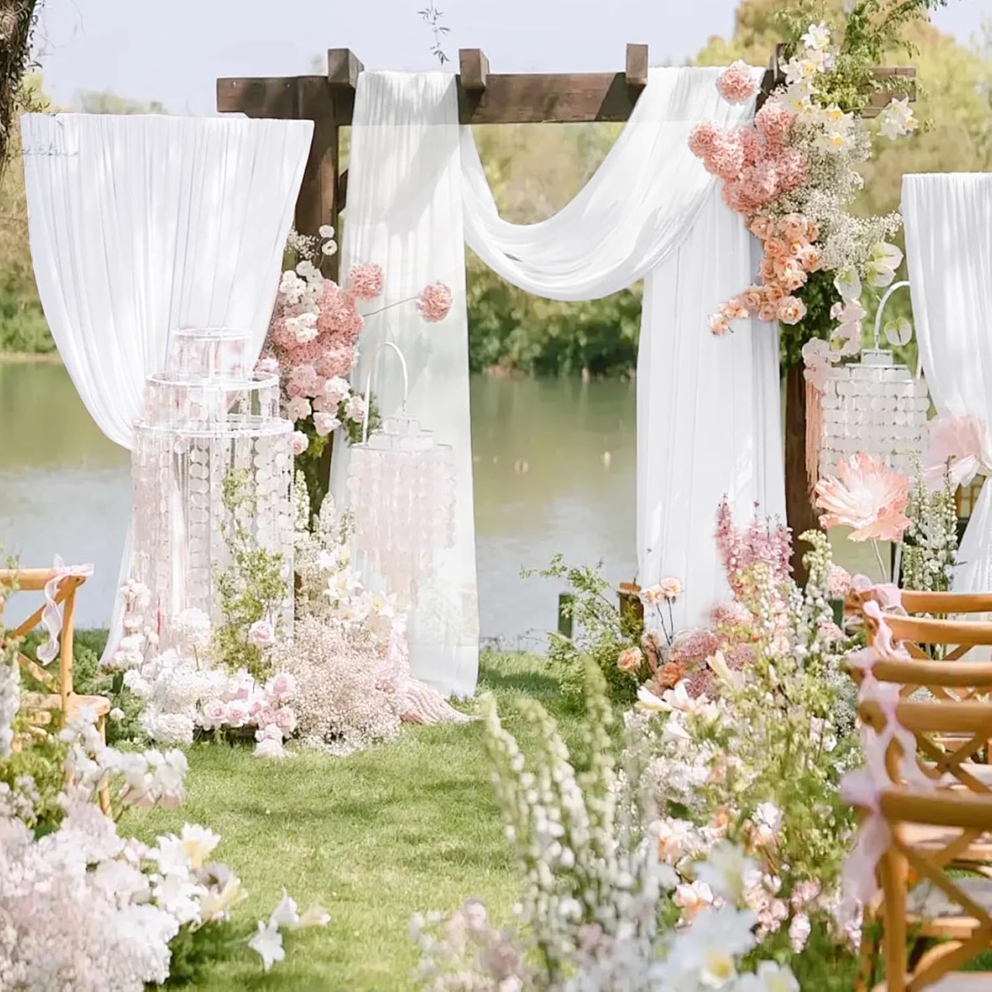 VOK White Wedding Arch Draping Fabric Chiffon Fabric, 29in x 18Ft Sheer Chiffon Outdoor Curtain for Wedding Ceremony Birthday Party Decoration (White,1 Panel)