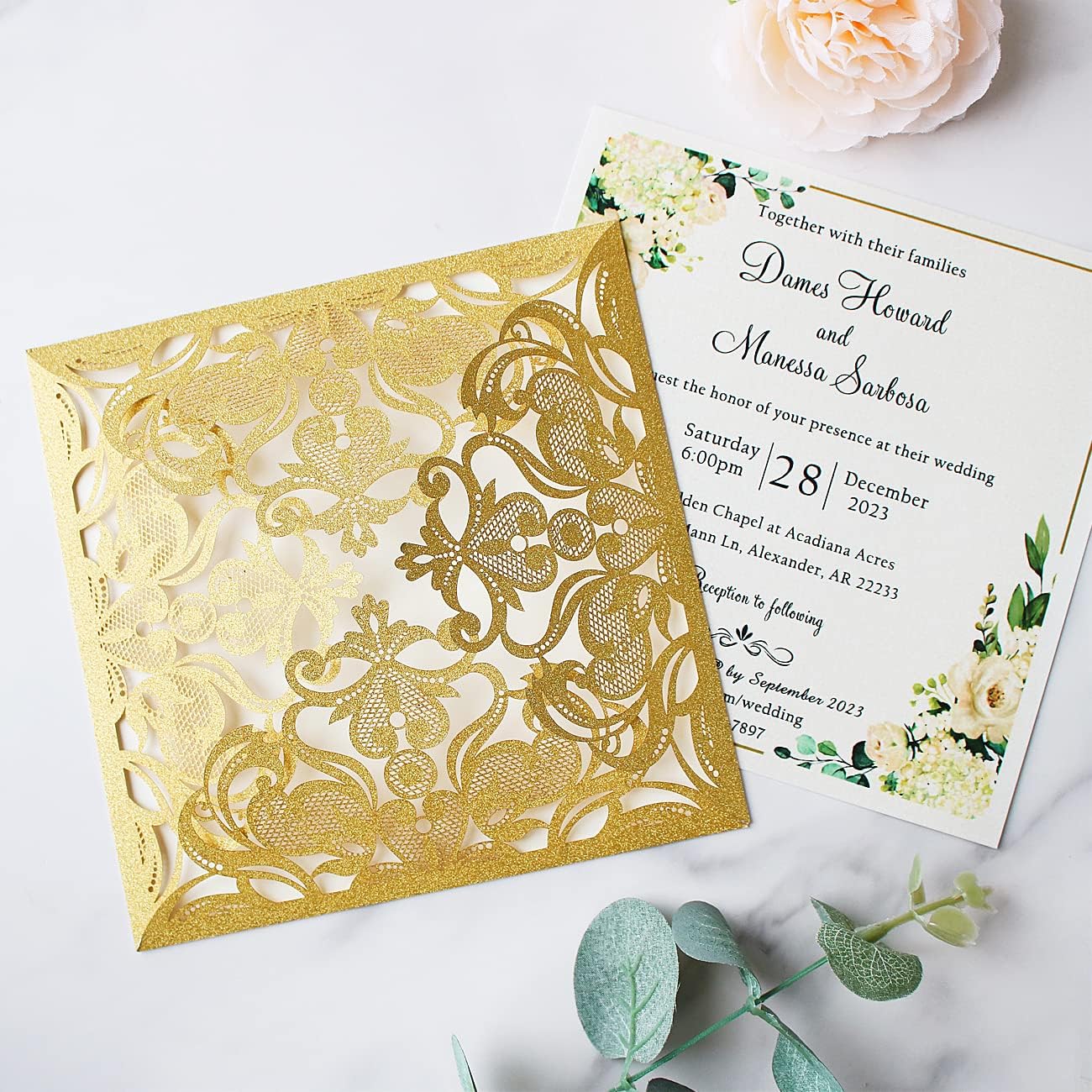 Hosmsua 6.3 x 6.3 Inch 50PCS Gold Glitter Laser Cut Wedding invitation Cards with Envelopes Hollow Lace Rose Invitation for Engagement Wedding Bridal Shower Invite (Gold Glitter)