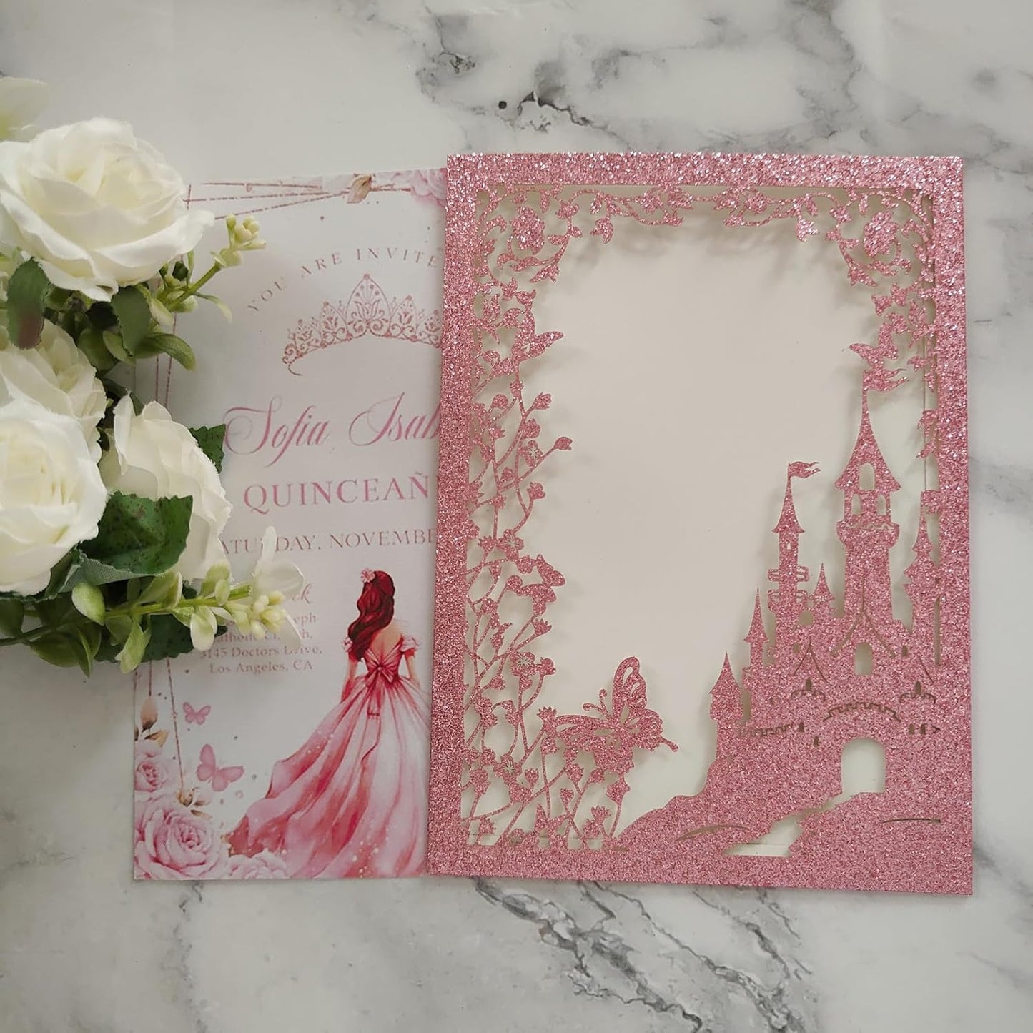 20PCS Castle Pocket Invitations, Quinceanera Invitations with Envelopes, Princess Invitation, Laser Cut quince invites (glitter pink)