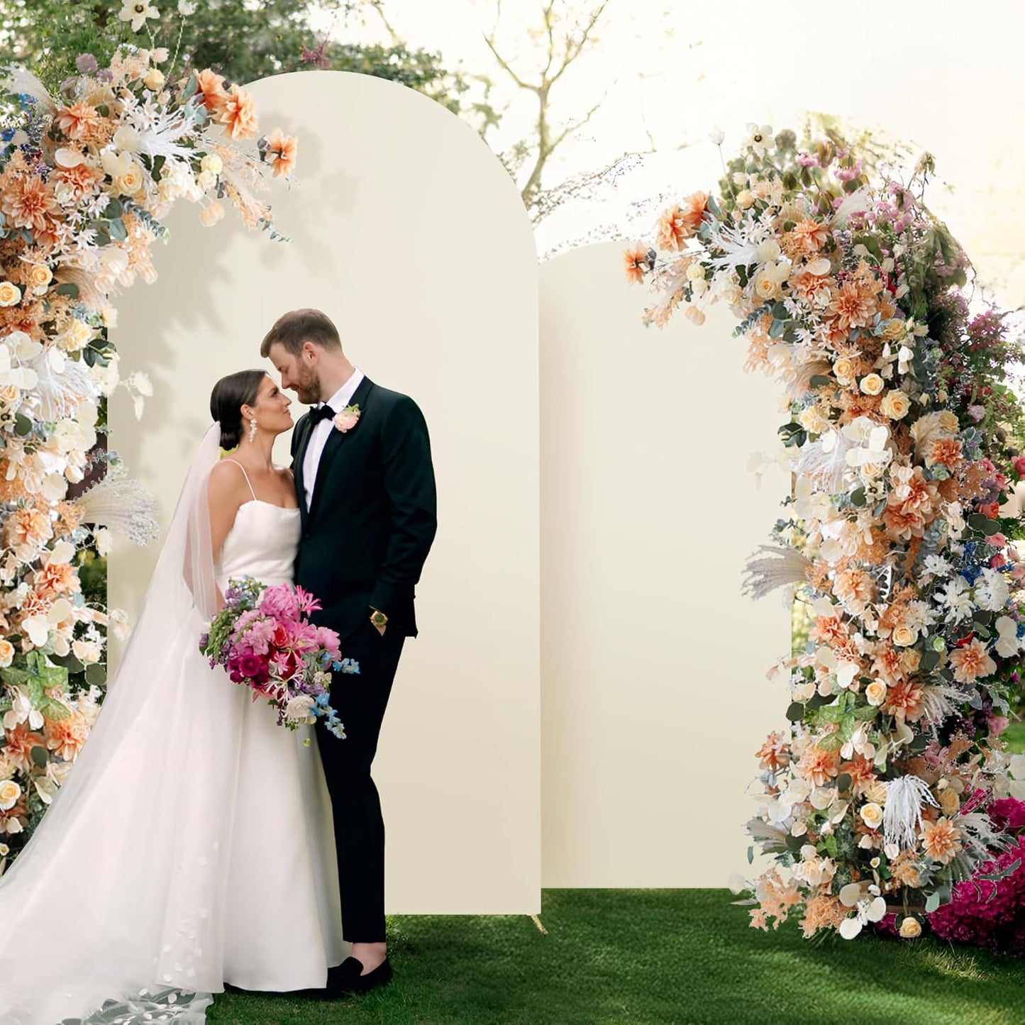 Set of 2 Arch Backdrop Cover Beige High Elastic Wrinkle-Resistant Arch Cover Spandex Fabric Thick Opaque Round Top Chiara Backdrop for Weddings Birthday Baby Shower Garden 6.6FT, 8FT