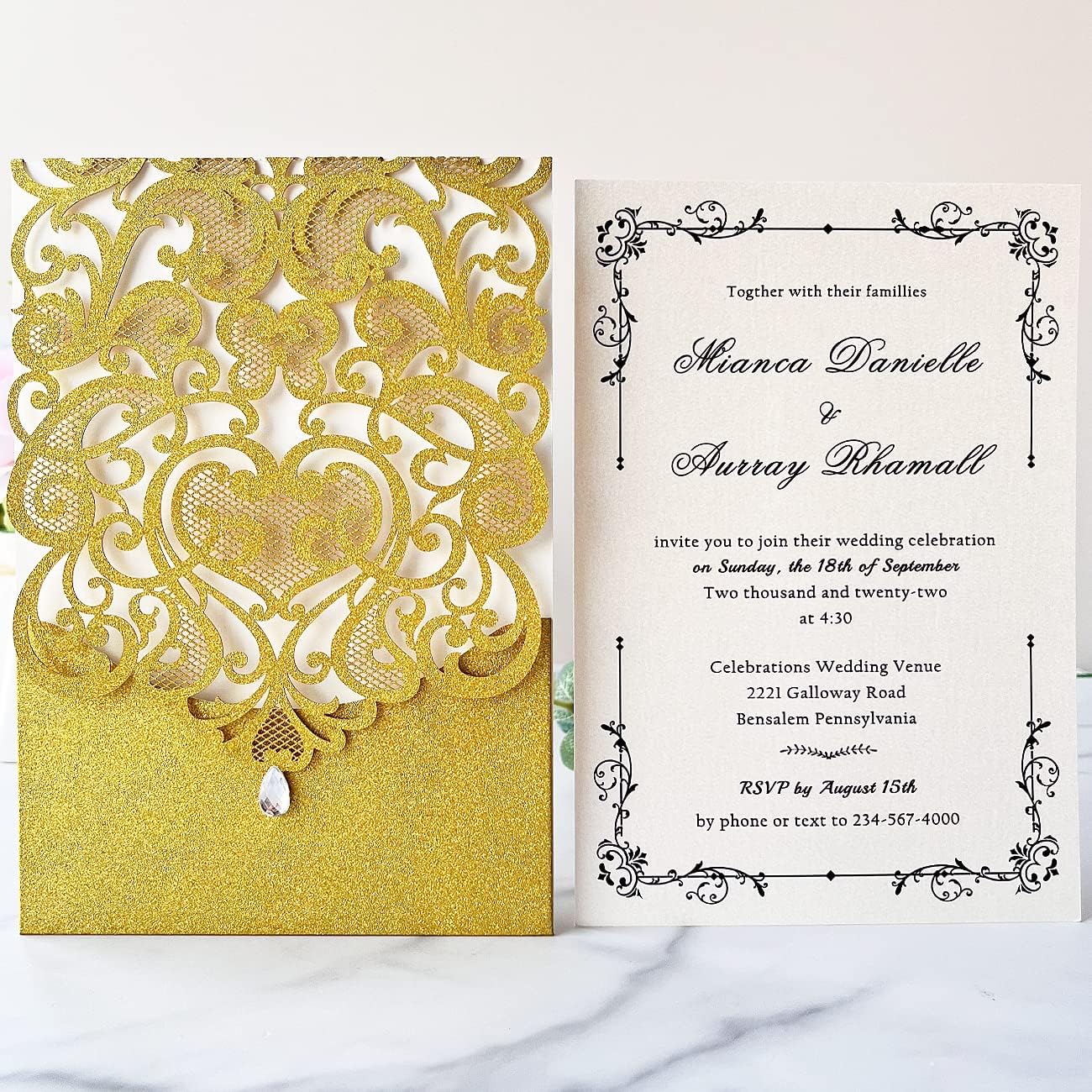 Hosmsua 50PCS Blank Wedding Invitation Cards 5 x 7.3 Inch Gold Laser Cut Hollow Heart Floral Invitation with Rhinestone pockets invitations for Engagement Quinceanera Invite (Gold Glitter)