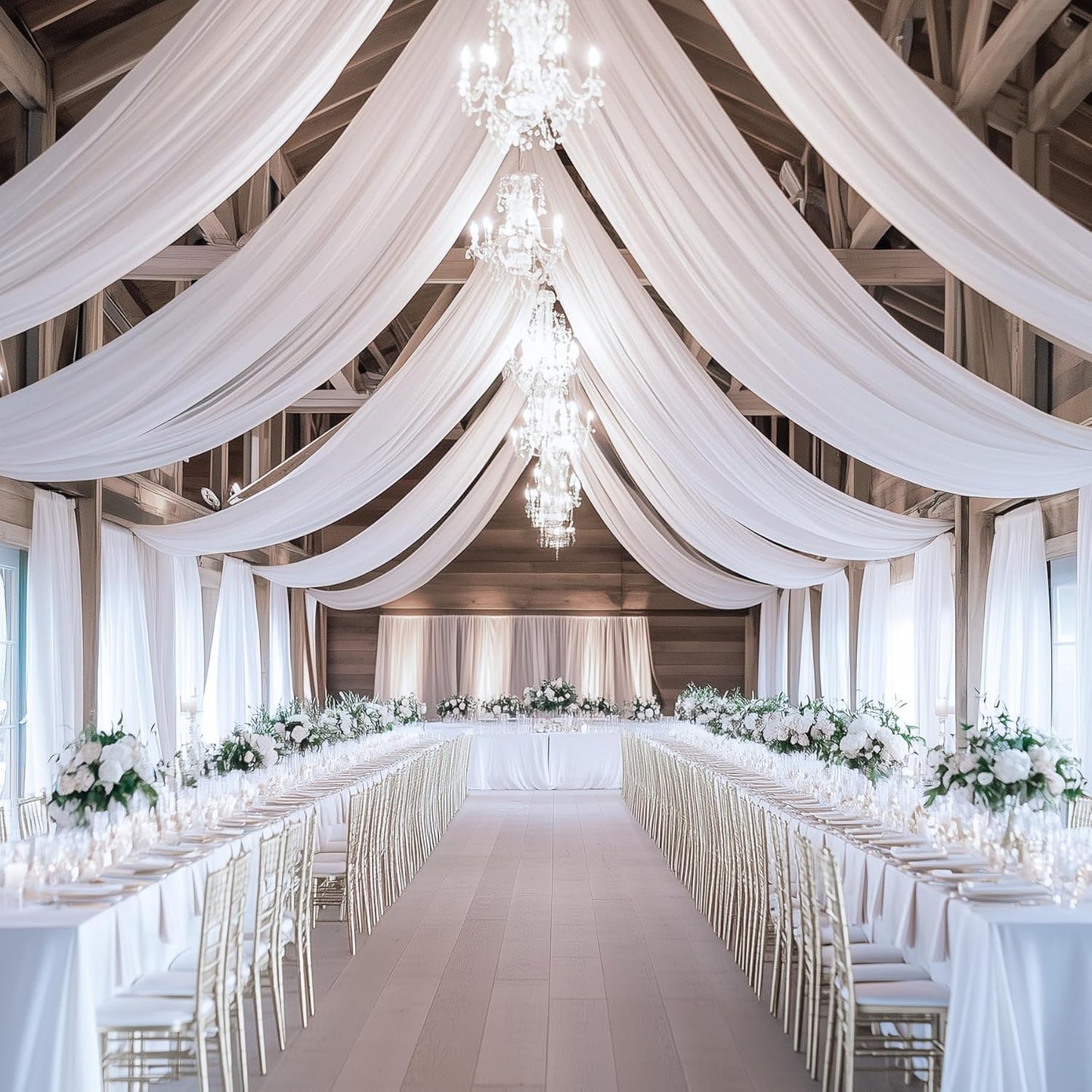 60ft x 15ft White Wrinkle Free Backdrop Curtains for Parties,Silky Polyester Fabric Wedding Ceiling Drapes, 12 Panels 15ft Photo Back Drop Drapes for Baby Shower Photography Stage Background Cloth