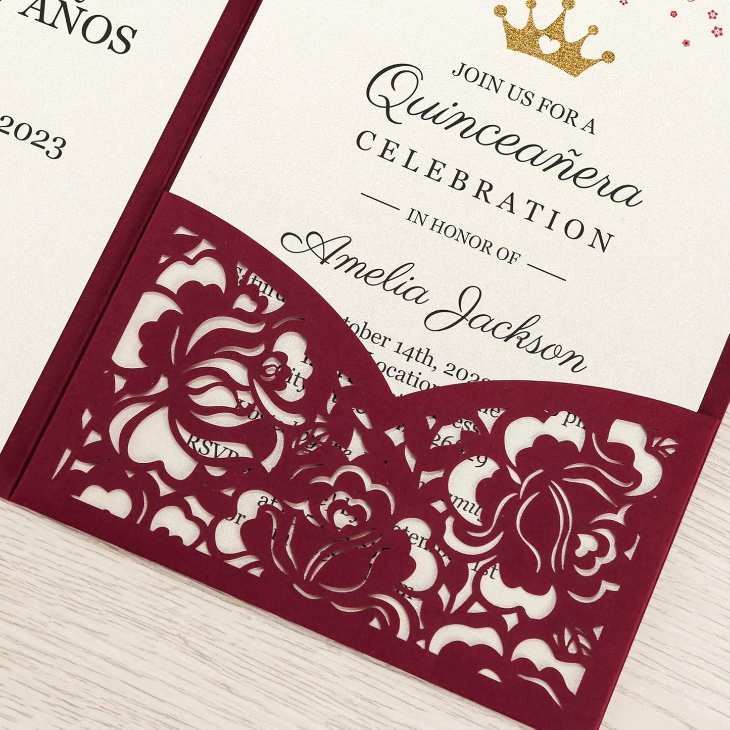 DORIS HOME 50pcs Laser Cut Quinceanera Invitations Burgundy, 4.7x7.1 Personalized Quince Invitations for 15th Birthday, Invitation cards for Sweet 16 with Envelopes