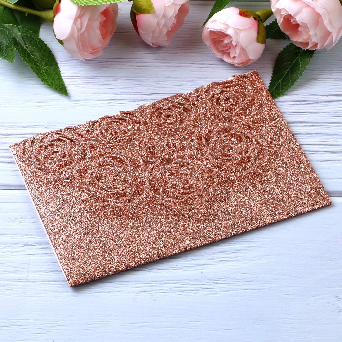 20 Pcs Laser Cut Wedding Invitations Card Pocket with Envelope for Birthday Party Baby or Bride Shower Invite suitable for 5 * 7 Inches Insert Paper (Rose Gold Glitter)