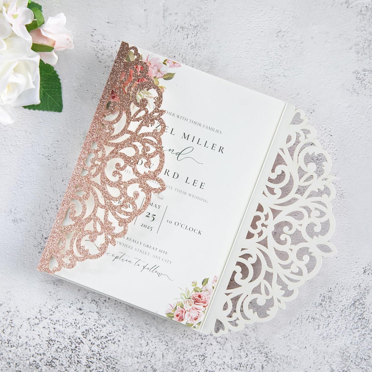 20Pcs Rose Gold Glitter Laser Cut Invitation Cards With Blank Inner Sheets for Wedding Cards Bridal Shower Engagement Quinceanera Invitation (No Envelopes)