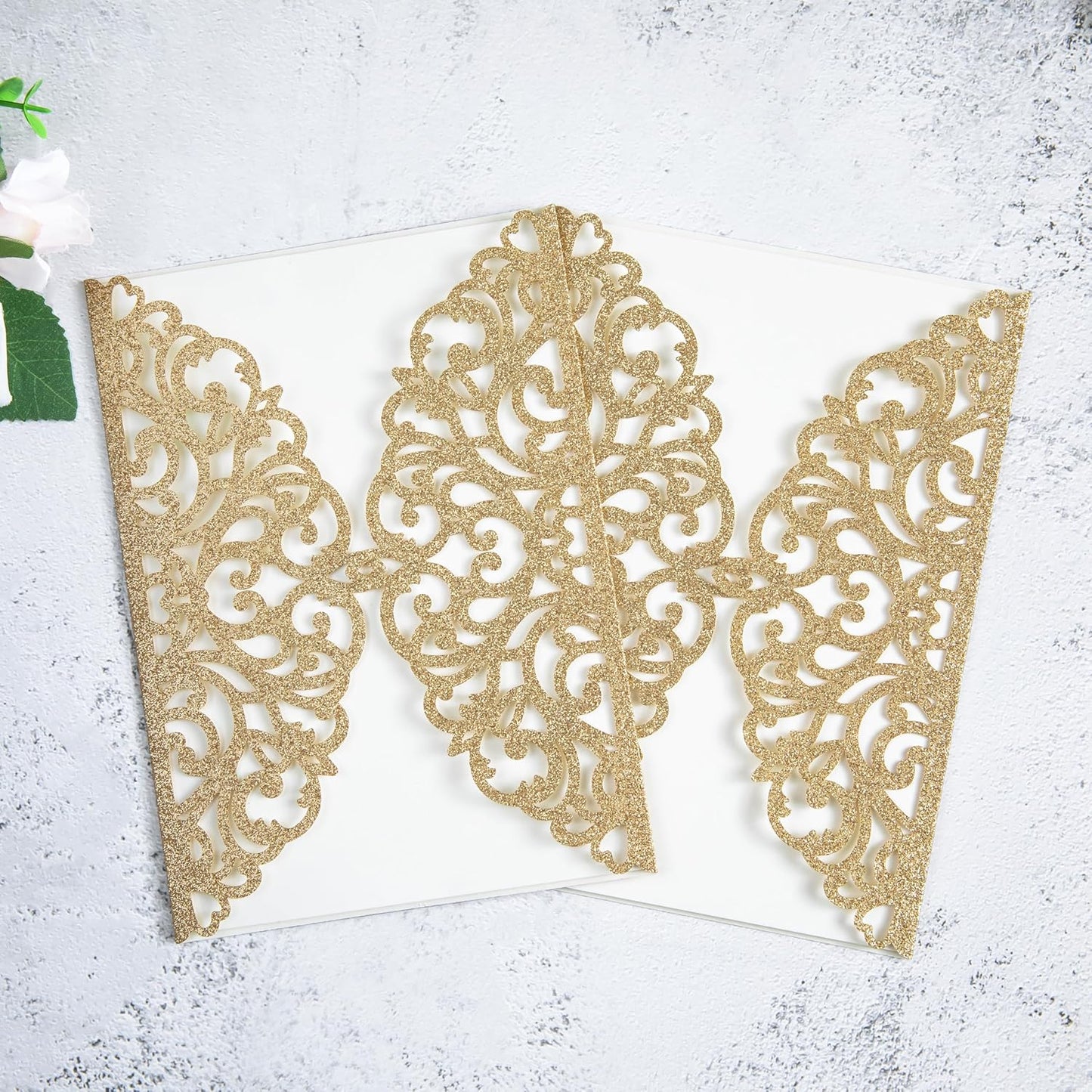 20Pcs Gold Glitter Laser Cut Invitation Cards With Blank Inner Sheets for Wedding Cards Bridal Shower Engagement Quinceanera Invitation (No Envelopes)