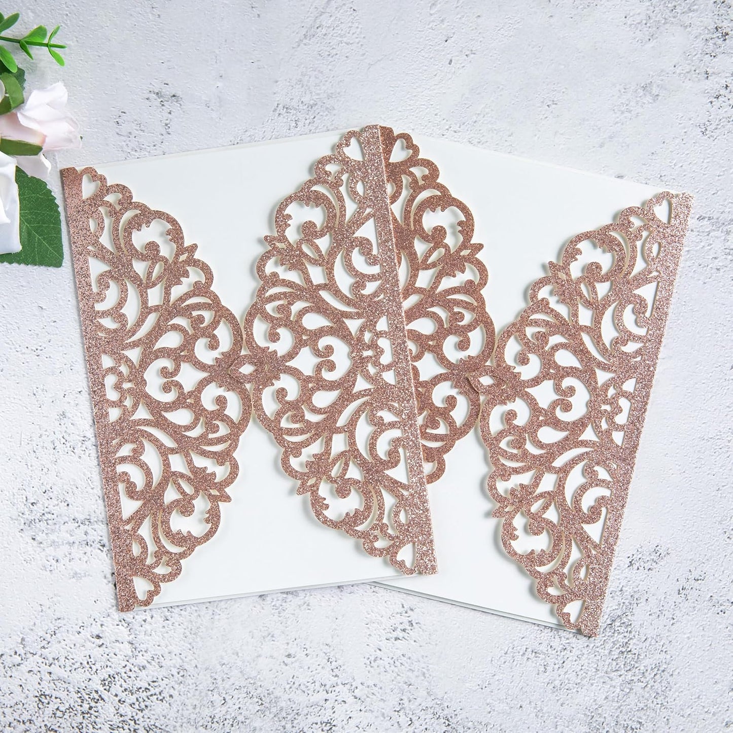 20Pcs Rose Gold Glitter Laser Cut Invitation Cards With Blank Inner Sheets for Wedding Cards Bridal Shower Engagement Quinceanera Invitation (No Envelopes)